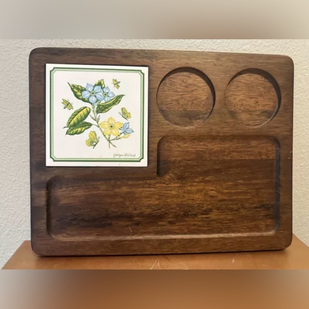 Vintage Georges Briard Walnut Cheese Tray MCM Blue Yellow Flowers